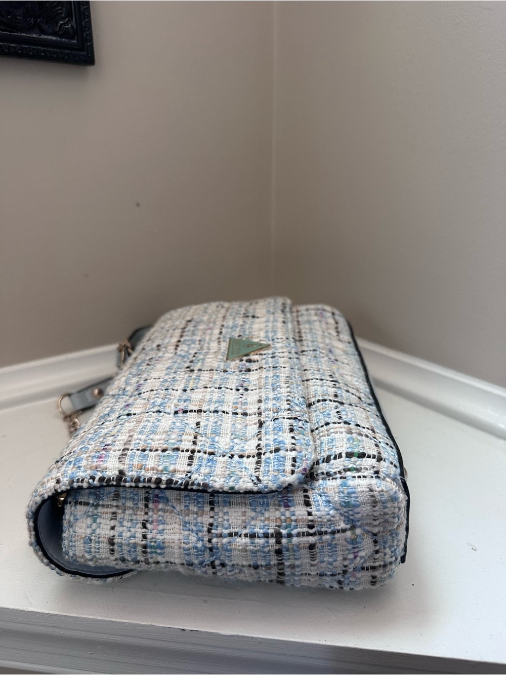 GUESS Light Blue Quilted Tweed Shoulder Bag with Chain Strap - Picture 3 of 7